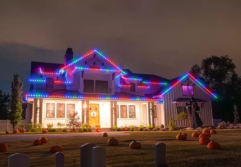 front of home with permanent lighting on roof 2
